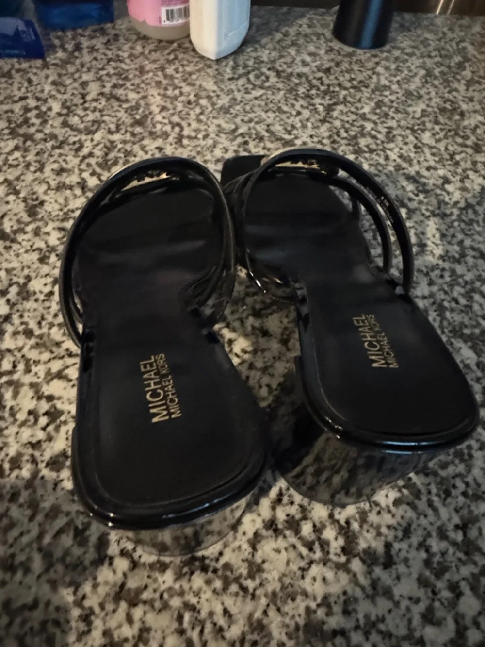 Michael Kors Black Patent Slide Mules with Gold MK Medallion - Picture 6 of 6
